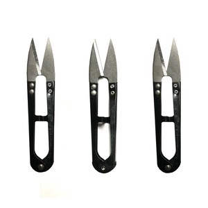 May include: Three black metal thread snips with sharp, pointed silver-colored steel blades. Each tool features a spring-loaded design with a central pivot point and two long, slender handles connected by a bridge, intended for precision cutting.