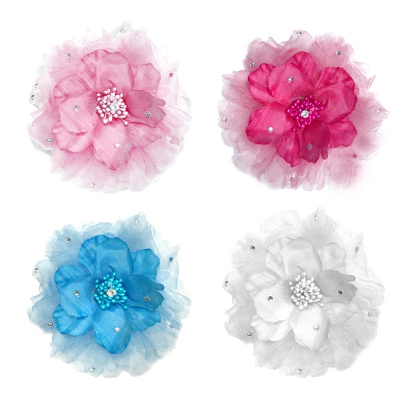 Chiffon 5" Flowers with Rhinestones, Artificial Flower Clip, DIY Millinery Feathers, Fabric Flower Heads, Wedding Flowers, Hat Making Crafts