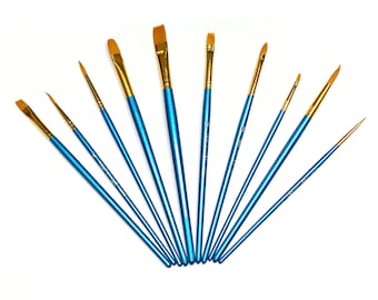 May include: A set of ten paintbrushes arranged in a fan shape. Each brush features a metallic blue handle, a gold-toned metal ferrule, and synthetic bristles. The brushes vary in size and tip shape, including flat, round, and pointed styles.