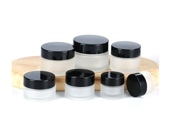 Round Clear Glass Jars with Black Lids, Matte Glass Straight Sided Wide Mouth Containers, Empty Cosmetic Jar for Creams, Lotion, skincare