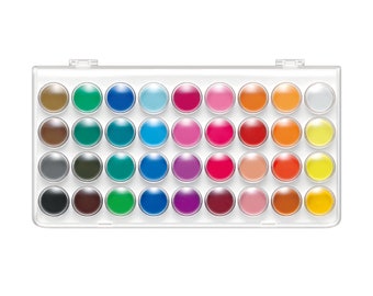 May include: A rectangular clear plastic watercolor paint set containing thirty-two circular pans of pigment arranged in four rows of eight. The palette features a diverse spectrum of colors including various shades of blue, green, red, pink, yellow, orange, brown, gray, black, and white.