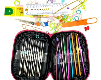 May include: A black zippered case containing a set of silver steel crochet hooks and a set of colorful aluminum crochet hooks. Accessories include a white plastic needle gauge, a measuring tape, safety pins, and various plastic stitch markers.