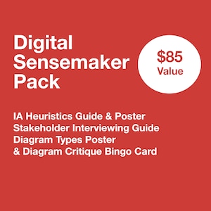 Könnte beinhalten: Ein roter Hintergrund mit weißem Text, der "Digital Sensemaker Pack" lautet, und ein weißer Kreis mit dem Text "$85 Value". Unter dem Text befindet sich eine Liste der im Paket enthaltenen Artikel: IA Heuristics Guide & Poster, Stakeholder Interviewing Guide, Diagram Types Poster, & Diagram Critique Bingo Card.