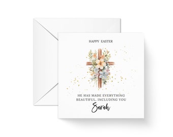 Personalised Easter Scripture Card for her, Cross Easter card with flowers, Christian woman card, Baptism Card for her