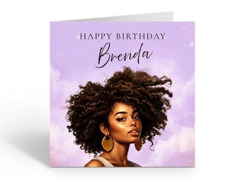 Puede incluir: Tarjeta de cumpleaños con un retrato de una mujer con cabello castaño rizado y aretes dorados. La tarjeta tiene el texto "Happy Birthday Brenda" sobre un fondo lavanda con un diseño de nubes.