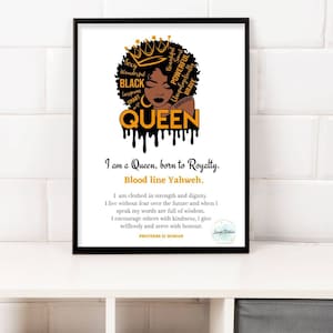 Puede incluir: Impresión artística enmarcada con una ilustración de una mujer negra con una corona dorada y la palabra "QUEEN". La obra de arte incluye palabras como "Sexy", "Beautiful" y "Powerful". También incluye texto inspirador.