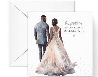 May include: A wedding card with a watercolor illustration of a couple holding hands. The bride wears a white gown, and the groom is in a gray suit. The card reads "Congratulations on your wedding Mr & Mrs Felix."