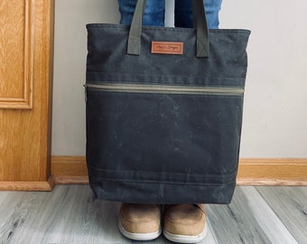 Olive Waxed Canvas Tote Bag, Tote Bag, Zipper Tote, Work Tote, School Tote, Shoulder Bag