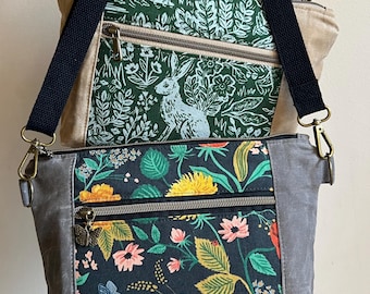 Waxed Canvas Crossbody Bag with Canvas Print Accent, Handmade Shoulder Bag, Small Crossbody Bag, Minimalist Purse, Gift for Mom