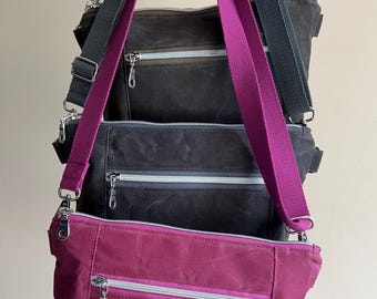 Handmade Waxed Canvas Crossbody Bag, Minimalist Shoulder Purse, Silver Hardware