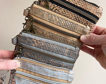 Cork Double Zip Wallet, Textured Scale Print, Slim Vegan Pouch, Handmade USA, Minimalist Wallet