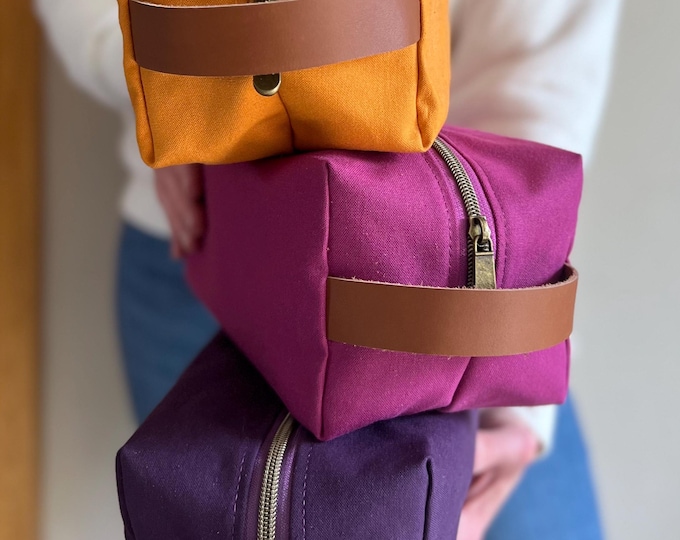 Handmade Canvas Dopp Kit, Leather Handle Toiletry Bag, Travel Storage Case