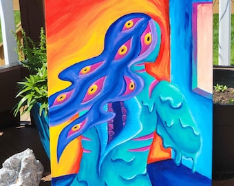 Surreal Acrylic Painting 18×24 – Original OOAK Trippy Canvas Wall Art, Colorful Psychedelic Decor