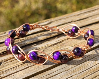 Simple Copper Wire-wrapped Garnet and Purple Tiger Eye Bracelet Cuff