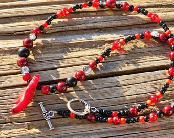 CLEARANCE Red Coral Beaded Necklace: Onyx, Glass Accent, 22 inch