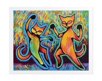 Entourage - Colorful Cat Dance Rolled Poster - Whimsical Art for Cat Lovers
