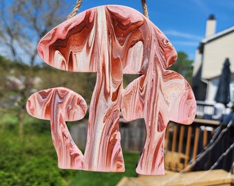 6" | Acrylic Fluid Pour Painting | Trippy Mushroom Wooden Wall Hanging | Brown, Pink, Cream / White