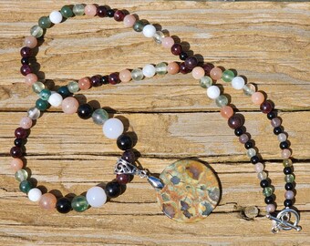 CLEARANCE Handmade Beaded Necklace: Agate Disc Pendant, Jade, Garnet, Onyx (22 inch)