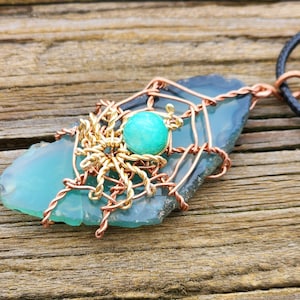 May include: A copper wire wrapped pendant featuring a teal green agate stone with a smaller teal green gemstone in the center. The pendant is attached to a black leather cord.