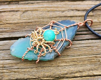 CLEARANCE Handmade jewelry spider and web pendant - Copper on Agate and Green Tiger Eye