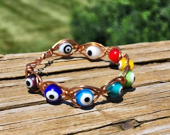 Copper Wire-wrapped Rainbow Eye Bead Bracelet Cuff
