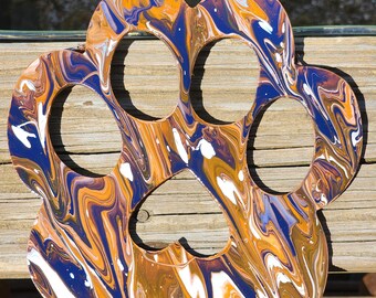 8" | Pawprint Wooden Wall Hanging | Acrylic Pour - Orange, Blue, White