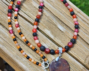 CLEARANCE Orange beaded necklace 24 inches - Lava rock, agate, sunstone, jasper