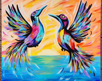 Original Bird Painting 20×24 – Bird Paradise Abstract Acrylic, Colorful Sunset Wall Art, OOAK Nature Decor & Unique Gift