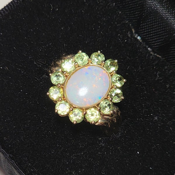 10k Solid Gold Ring, Opal and Peridot Halo - Size 7.5, Vintage ring perfect for engagement, wedding, or Valentine's day