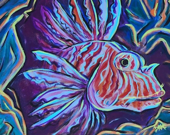 Lionfish Animal Painting "Stone Grove Mood", Colorful Modern Acrylic Art, 20 x 16 Original OOAK Canvas