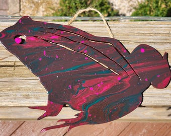 9" x 8.5" | Acrylic Fluid Pour Painting | Trippy Frog Wooden Wall Hanging | Green, Pink, Purple