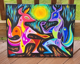 Last Dance - 20" x 16" Original OOAK Acrylic Painting - Colorful Abstract Foxes Dancing