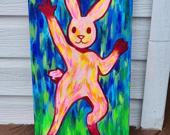 Run, Rabbit - 10" x 20" Original OOAK Acrylic Painting - Fauvism Inspired Abstract Bunny