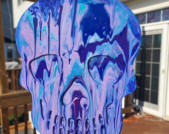 Trippy Skull Acrylic Pour - Blue, Purple
