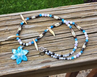 CLEARANCE Blue beaded necklace 24 inches - Coyote Teeth, Bone Beads, Shell