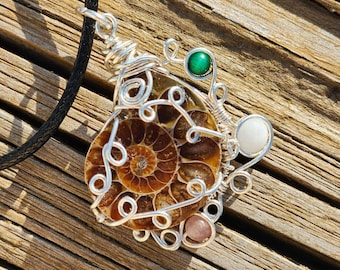 Sterling Silver Wire Wrapped Ammonite Fossil Pendant with Tiger’s Eye Moonstone & Strawberry Quartz Necklace