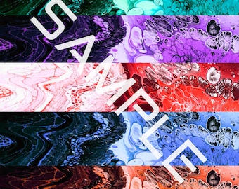 May include: Abstract art print featuring five horizontal stripes in various colours. The colours are teal, purple, pink, blue, and orange. Each stripe has a swirling, marbled pattern.