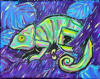 Original Acrylic Chameleon Painting – Rainy Scene Wall Art, OOAK Colorful Animal Art, 18×14″ Unique Gift