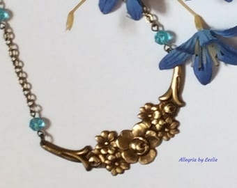 Art Nouveau Floral Crescent Bib Necklace - Floral Brass Victorian Style Necklace - Vintage Blue Crystal Necklace - Small Bib Necklace