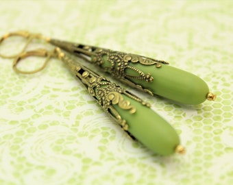 Green Bohemian Drop Earrings - Long Sea Glass Earrings - Bohemian Dangle Earrings - Renaissance Medieval Earrings - Art Nouveau Earrings