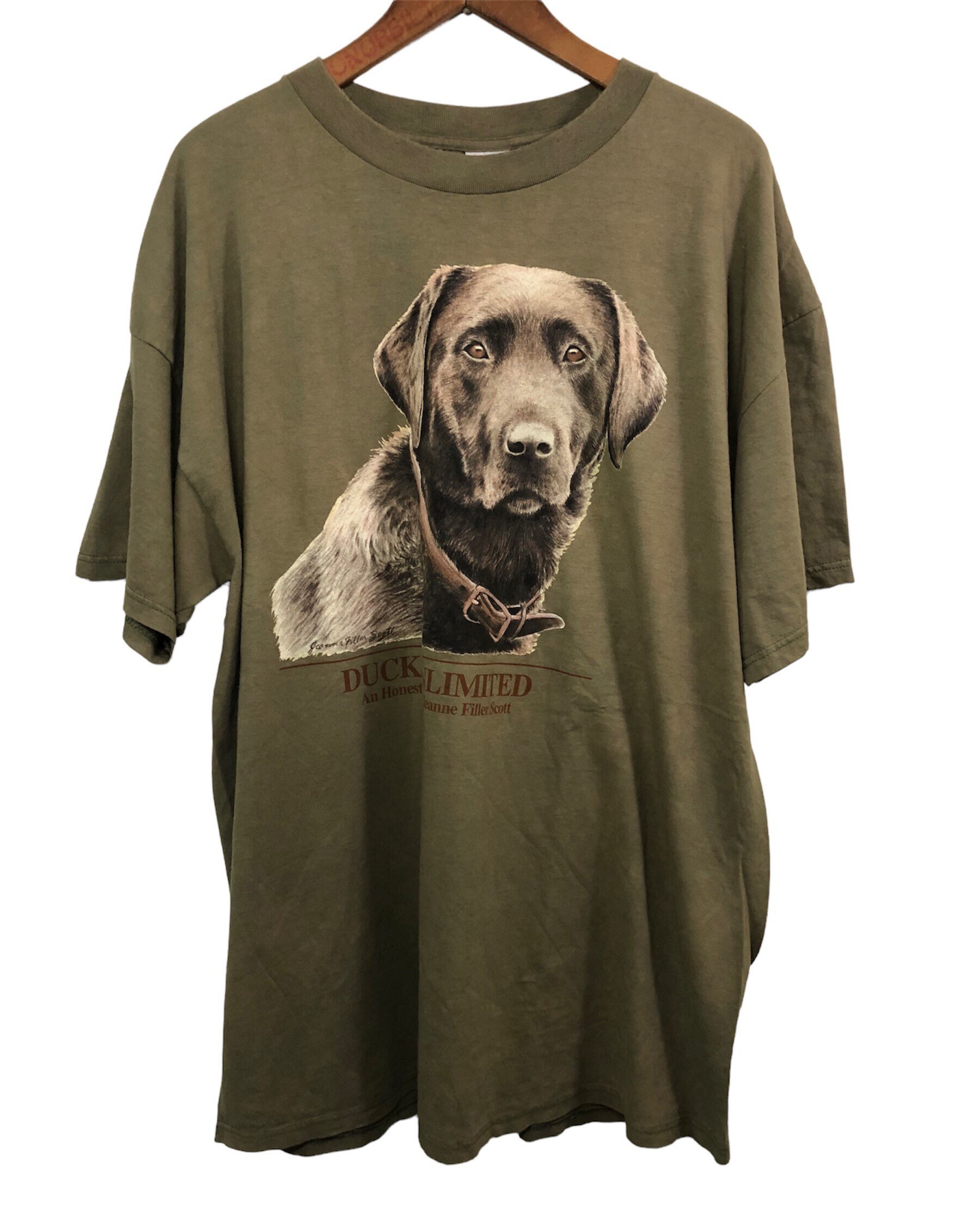 Camiseta vintage dos anos 90 com estampa de cachorro Jeanne Filler Scott, tamanho XXG