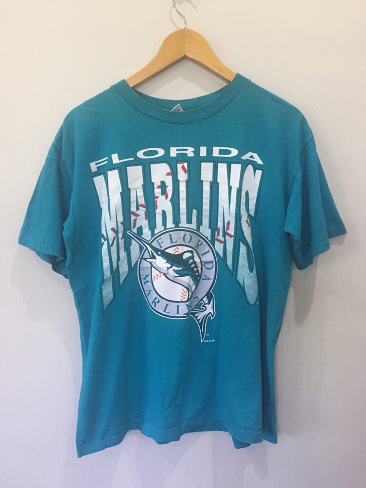 Vintage 90s MLB Florida Marlins Starter Pinstripe Teal Full Button Jersey  Sz XL