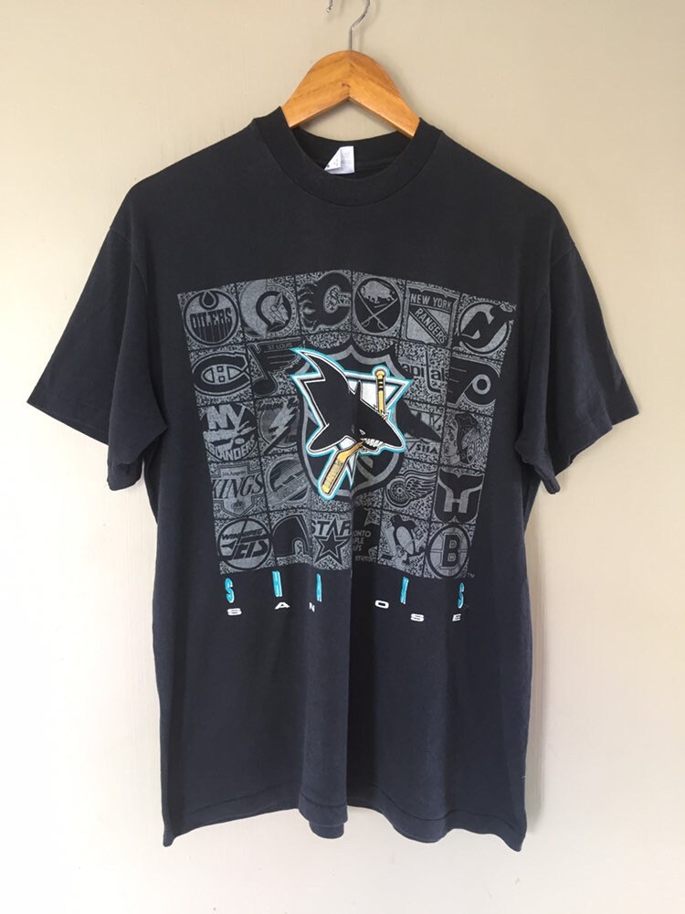 CustomCat San Jose Sharks 90's Retro NHL Crewneck Sweatshirt Black / M