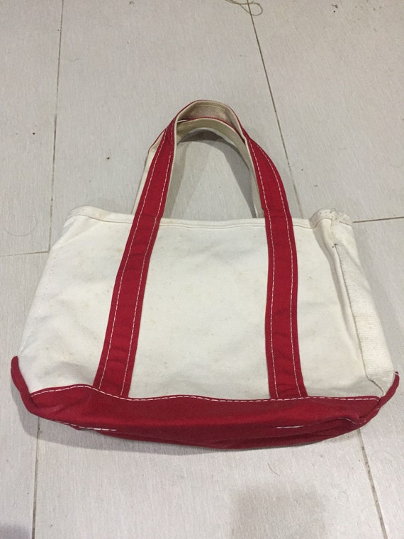 Vtg LL Bean Small Mini Boat And Tote Bag Red Beige Canvas Nautical