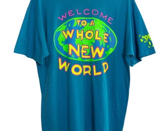 Vintage jaren 90 Welcome To A Whole New World grafisch T-shirt, maat XL