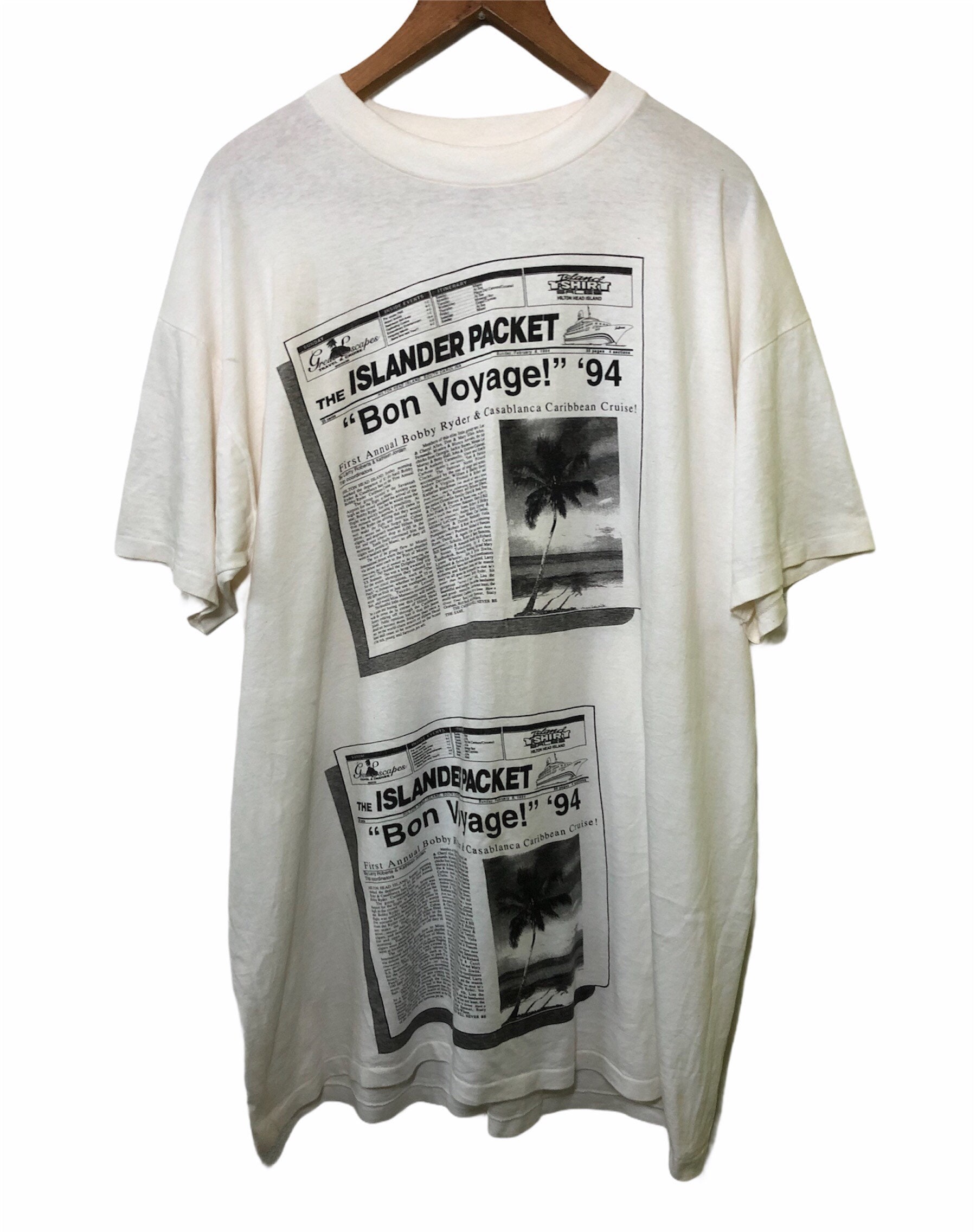 Vintage 90s the Islander Packet Newspaper Print Style T Shirt Big