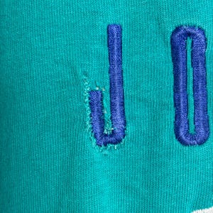 K&ouml;nnte beinhalten: Nahaufnahme eines t&uuml;rkisfarbenen Stoffes mit den blau gestickten Buchstaben "JO". Der Buchstabe "J" weist einige Abnutzungserscheinungen auf. Der Stoff hat ein strukturiertes Aussehen.