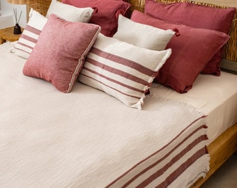 80's style handmade bedspread, stripped design bohemian bedding, linen bed throw, Cotton bedspread, Lotto Linen Bedspread/Pique