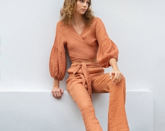Linen Women's Pants, Comfy orange trouser for women, cotton navy blue pants , Estel Linen Trousers