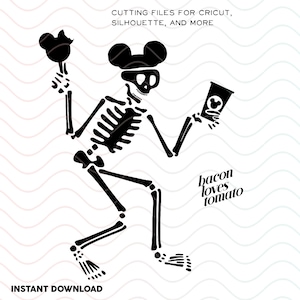 May include: Black and white silhouette of a skeleton wearing Mickey Mouse ears and holding a Mickey Mouse-shaped ice cream cone and a cup with a Mickey Mouse logo. The text "bacon loves tomato" is below the skeleton.